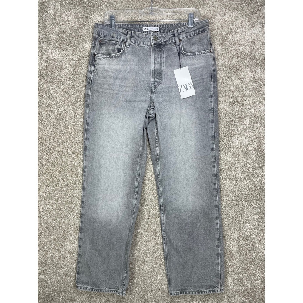 Zara High Rise Straight Leg Jeans Womens 10 Gray Acid Wash Button Fly 90s Denim